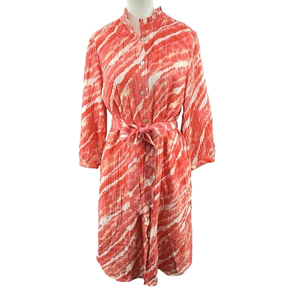 Soft Surroundings Tye Dyed Shirt Dress Tie Front Button Front Gauzy Cotton XS